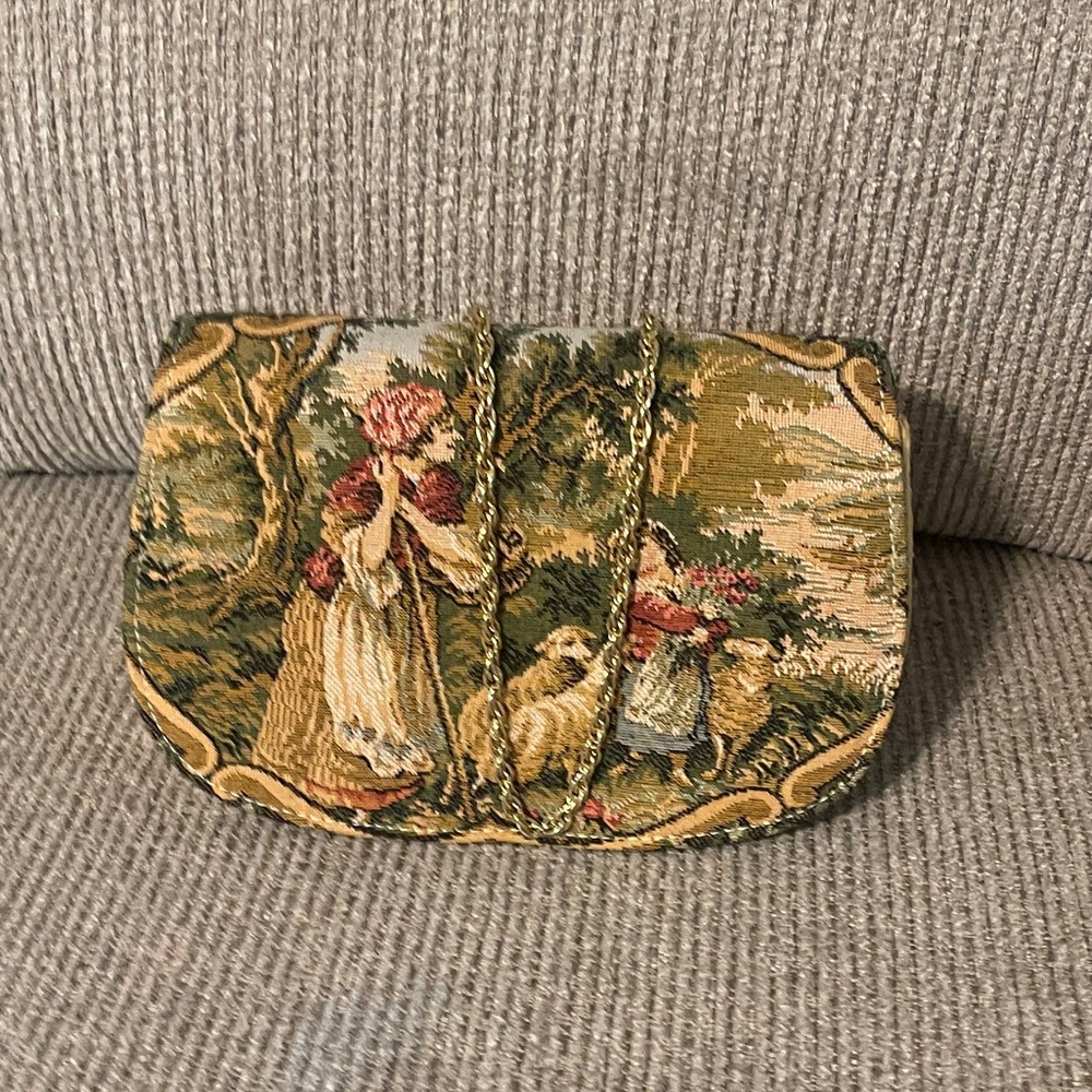 Vintage Fine Arts Bag Co New York Tapestry and Velvet Handbag w/Chain